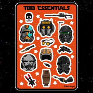 Puede incluir: Una hoja de pegatinas naranja con el texto "TBB ESSENTIALS" y varias ilustraciones de cascos, armas y otros objetos. Las ilustraciones son de estilo caricaturesco y presentan una variedad de colores, incluyendo negro, naranja y turquesa.