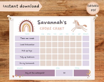 EDITABLE Reward Chart, Chore Chart, Behavior Chart, Girls Reward Chart, Daily Chores Printable, Instant Digital Download, Rainbow boho
