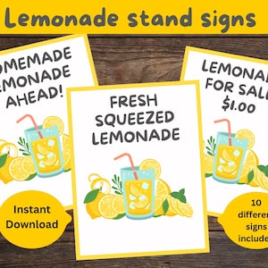 Lemonade Stand signs, instant download and print, pretend play, Summer signs and activities for kids