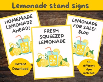 Lemonade Stand signs, instant download and print, pretend play, Summer signs and activities for kids