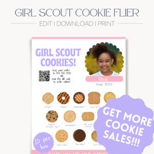 Editable Girl Scout Cookie Flier and Booth Sign | Printable Flier with optional photo & QR code | Instant Access | FREE gift with purchase |
