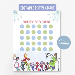 Peut inclure: Un tableau de propreté blanc avec le texte "EDITABLE POTTY CHART" et "PARKER'S POTTY CHART". Le tableau comporte des cercles bleus et verts pour le suivi. Le bas présente des super-héros de dessins animés. Un cercle bleu avec "Made in Canva" est dans le coin.