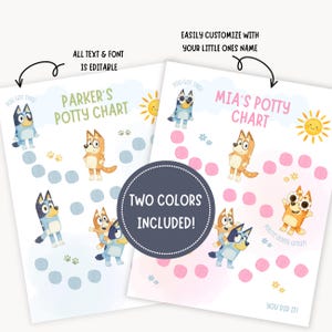 May include: Two potty training charts with the text "Parker's Potty Chart" and "Mia's Potty Chart". The charts feature cartoon characters, paw prints, and the text "You Got This!" and "You're doing great!". The text "Two Colors Included!" is also visible.