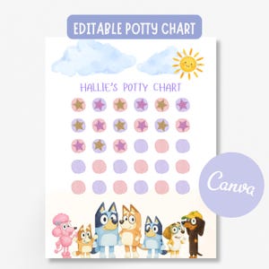 Peut inclure: Un tableau de propreté coloré avec le texte "Editable Potty Chart" et "Hallie's Potty Chart". Le tableau présente un soleil, des nuages, des étoiles et des cercles. Des chiens de dessin animé sont en bas.