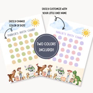 May include: Two potty training charts, one labelled "Parker's Potty Chart" and the other "Hallie's Potty Chart". Each chart features colourful dots and cartoon characters. The text "Two Colors Included!" is in a circular design.