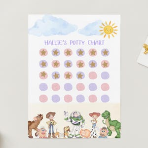 Könnte beinhalten: Ein personalisiertes Töpfchen-Diagramm mit dem Text "HALLIE'S POTTY CHART". Das Diagramm zeigt rosa und lila Kreise, goldene Sternaufkleber und Illustrationen von Zeichentrickfiguren.