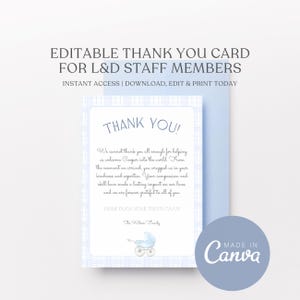 Editable Labor and Delivery,Mother Baby, NICU Nurse, Midwife Thank You sign/Card with Blue Carriage | Printable Thank You for OBGYN/Midwife