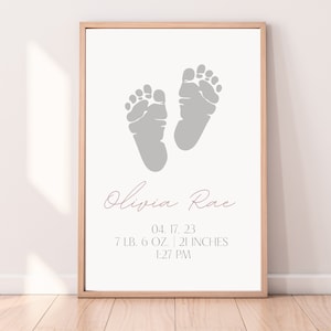 Impression de naissance personnalisable | Empreinte du pied ou de la main du nouveau-né | art d'empreinte de bébé, impression de statistiques de naissance, empreinte de chambre d'enfant Wall Art | Cadeau de Naissance