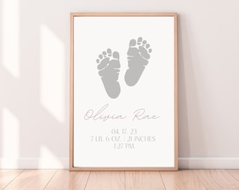 Customizable Birth Print | Newborn Foot or Hand print | baby footprint art, birth stats print, Footprint Nursery Wall Art | Birth Gift