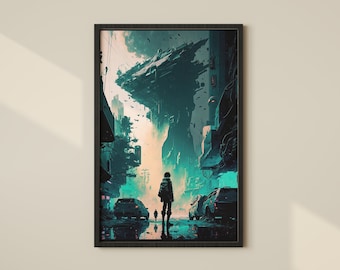 Post-apocalyptische digitale print: futuristische stad in puin - het einde overleven in een afbrokkelende dystopie - digitale download Art Print