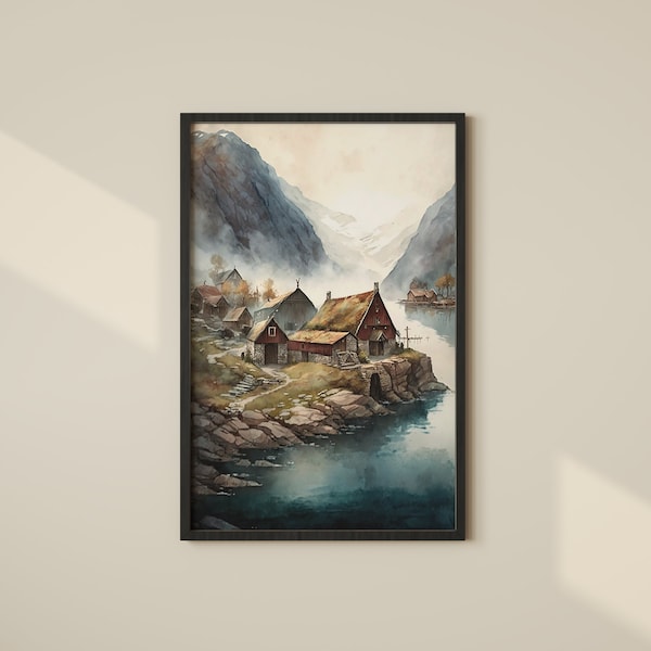 Experience the Mystical Nordic Village by the Lake, Majestic Mountains - Digital Print for Home Decor and Wall Art, Viking-Inspired Serenity