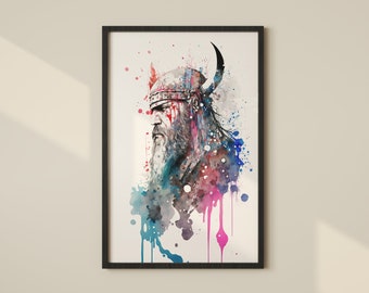 Vikingo nórdico estoico: Impresión digital de acuarela minimalista para decoración rústica del hogar, arte de pared o regalos - Encarna el espíritu de los vikingos