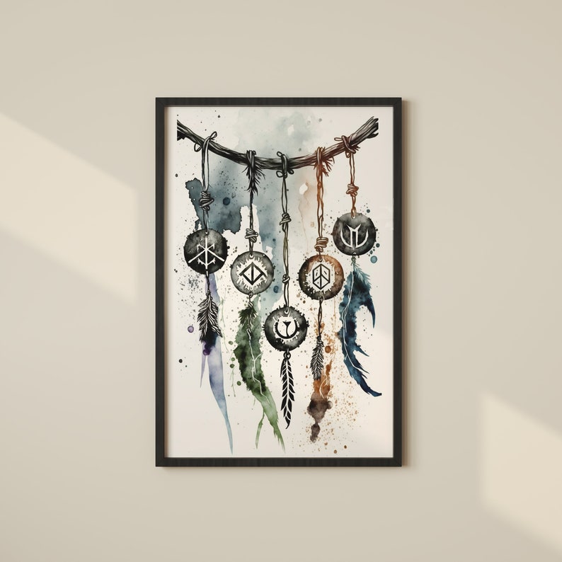 Viking Hand-carved Runes Digital Art Print Rustic Twine Hanging Norse ...