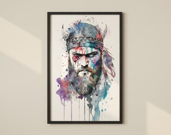 Vikingo nórdico estoico: Impresión digital de acuarela minimalista para decoración rústica del hogar, arte de pared o regalos - Encarna el espíritu de los vikingos