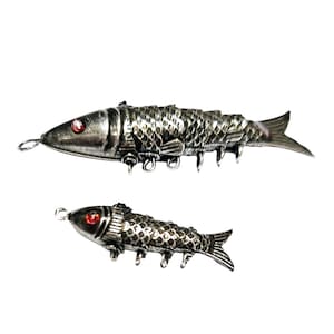 Vintage Articulated Fish Pendants In Antique Silver - Set