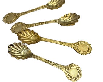 Vintage Raw Brass Seashell Spoons: Ornate Wedding Decor, 6pc Set