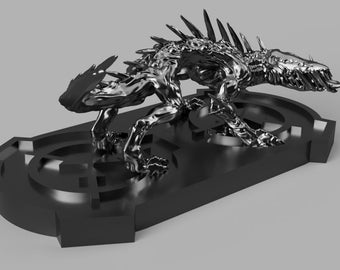 May include: A silver-colored, detailed, articulated, dragon-like creature figurine standing on a black, circular base with a geometric design.