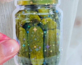 Holographic Sparkle Pickle Jar Vinyl Sticker - Funny Laptop Water Bottle Decal Accessories