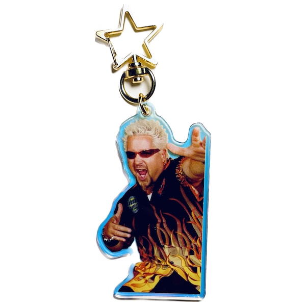 Holographic Flavortown Guy Fieri Acrylic Keychain - Funny Cute Meme Flames Accessories Gift