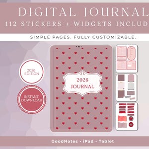 May include: Digital journal with a pink cover adorned with red hearts. The image includes the text "DIGITAL JOURNAL" and "112 STICKERS + WIDGETS INCLUDED." Additional elements include a "2026 JOURNAL" title and a "2026 EDITION" badge.