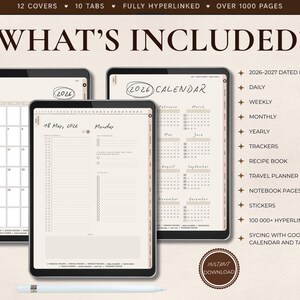 May include: Digital planner displayed on three tablets. The screens show a calendar, daily schedule, and monthly view. Text includes "What's Included?" and features like a dated planner, trackers, and recipe book. A stylus is at the bottom.
