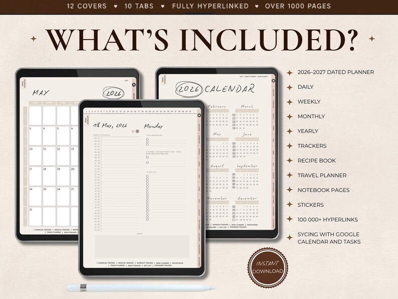 May include: Digital planner displayed on three tablets. The screens show a calendar, daily schedule, and monthly view. Text includes "What's Included?" and features like a dated planner, trackers, and recipe book. A stylus is at the bottom.