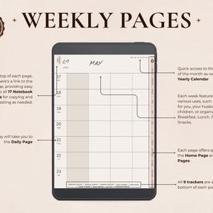 May include: A digital planner interface displaying "WEEKLY PAGES" with a May calendar. The screen shows a grid layout with dates and columns for scheduling. Features include access to notebook pages, daily and monthly pages, and trackers.