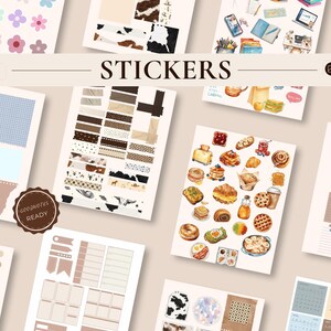 May include: A collection of sticker sheets with various designs, including floral patterns, animal prints, and food illustrations. The word "STICKERS" is displayed prominently. The image also includes the text "470+ stickers" and "Pre-cropped sticker sheets + PNGs".