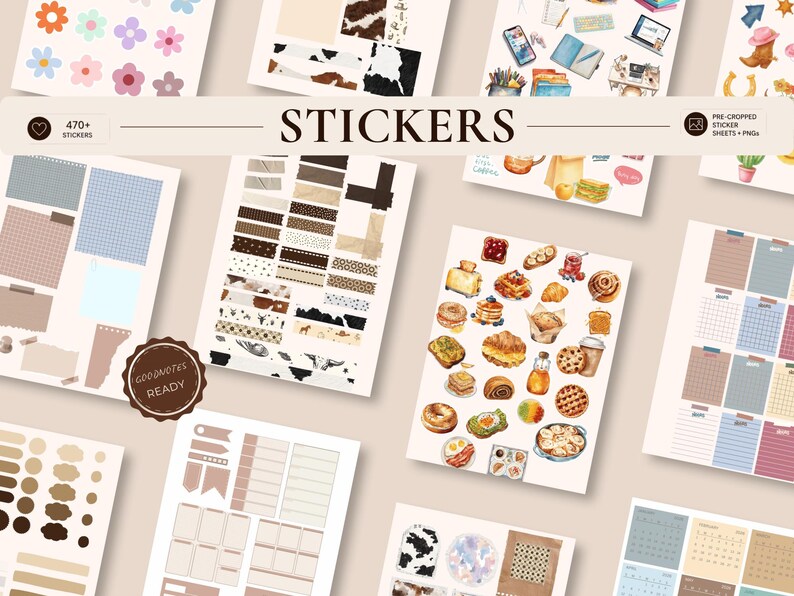 May include: A collection of sticker sheets with various designs, including floral patterns, animal prints, and food illustrations. The word "STICKERS" is displayed prominently. The image also includes the text "470+ stickers" and "Pre-cropped sticker sheets + PNGs".