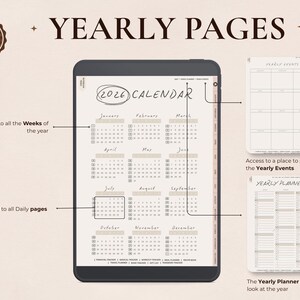 May include: Digital planner with yearly pages for 2026 and 2027. The image shows a calendar view with months and dates, linked to weekly and daily pages. Additional pages for yearly events and quarterly planning are also displayed.