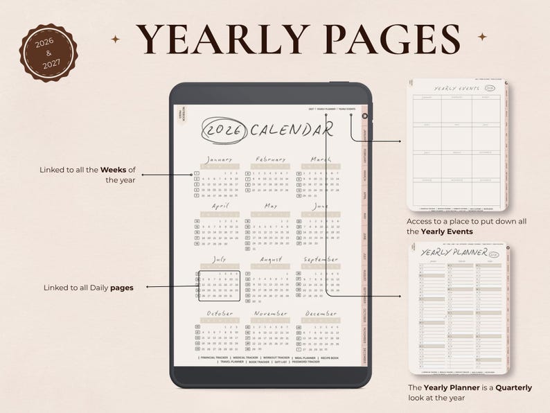 May include: Digital planner with yearly pages for 2026 and 2027. The image shows a calendar view with months and dates, linked to weekly and daily pages. Additional pages for yearly events and quarterly planning are also displayed.