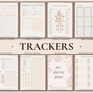 May include: A collection of printable trackers, including a budget planner, travel overview, workout tracker, and recipe book. The trackers are displayed in a neutral color palette with a minimalist design, perfect for organizing various aspects of life.