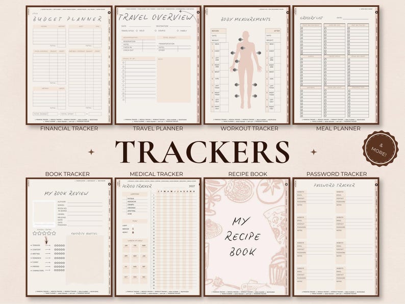 May include: A collection of printable trackers, including a budget planner, travel overview, workout tracker, and recipe book. The trackers are displayed in a neutral color palette with a minimalist design, perfect for organizing various aspects of life.