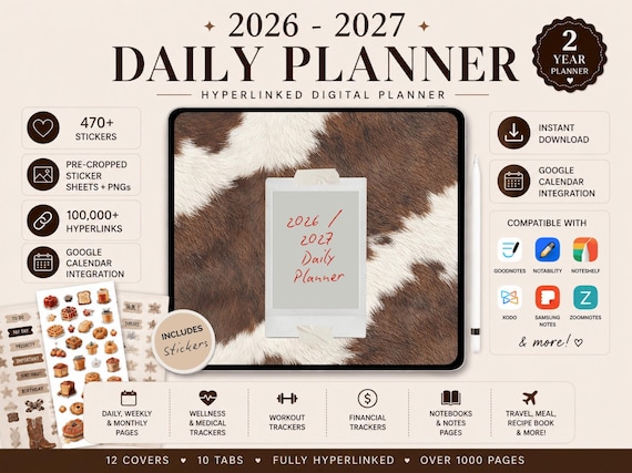 2026-2027 Digital Daily Planner | 470+ Stickers | Hyperlinked Goodnotes Planner | Neutral Western Journal