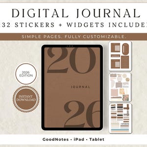 May include: Digital journal with the text "2026" on the cover. The image includes the text "132 Stickers + Widgets Included" and "Simple Pages. Fully Customizable." Also shown are sample stickers and widgets. The journal is compatible with GoodNotes, iPad, and Tablet.