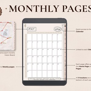 May include: Digital monthly planner page displayed on a tablet. The screen shows a calendar for May 2026, with linked pages and trackers. A vision board is also shown. The words "MONTHLY PAGES" and "INSTANT Download" are at the top.