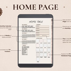 May include: A digital planner home page displayed on a tablet. The screen shows a calendar overview for 2026 and 2027, weekly views, and access to 10 trackers. The page also features five linked notebooks and 17 types of notebook pages.