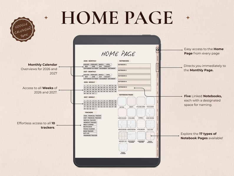 May include: A digital planner home page displayed on a tablet. The screen shows a calendar overview for 2026 and 2027, weekly views, and access to 10 trackers. The page also features five linked notebooks and 17 types of notebook pages.