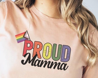 Camiseta "Mamá orgullosa", Camiseta "Orgullo", Camiseta del Mes del Orgullo, Orgullo todo el año, Aliada de la familia, Camiseta con la bandera LGBTQ, Camiseta para mujer