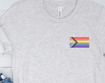 Progress Pride Flag Shirt, Subtle Rainbow Flag TShirt, Pride Month Tee, Pocket Style Gay Pride T-Shirt, Gender Neutral Shirt, Gay Pride Top