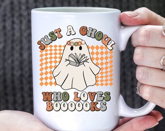 Halloween Book Lover Mug, Cute Ghost Coffee Cup Gift for Readers, Librarian Halloween Tea Cup, Funny Halloween Mug, Spooky Season Present