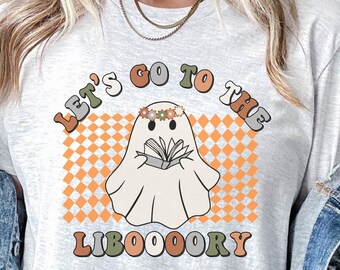 School Librarian Halloween Shirt, Cute Ghost TShirt Gift for Readers, Halloween Book Lover T-Shirt, Funny Library Shirt, Spooky Season Tee