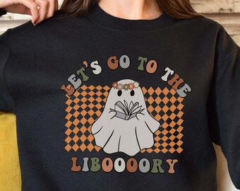 School Librarian Halloween Sweatshirt, Cute Ghost Sweater Reader Gift, Halloween Book Lover Shirt, Funny Library Shirt, Spooky Season Top
