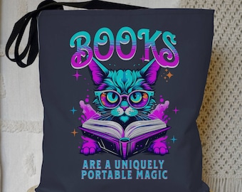 Books Are Magic Tote Bag, Cat Tote Bag, Read Banned Books Gift for Book Lovers, Y2K Tote Bag for Readers, Literary Canvas Bag