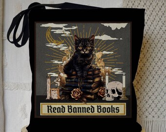 Banned Books Library Tote Bag, Cat Tote Bag, Read Banned Books Gift for Book Lovers, Goth Tote Bag for Readers, Literary Canvas Bag