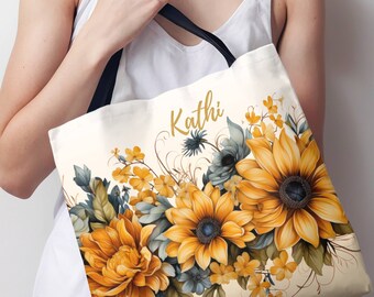 Personalized Sunflower Tote Bag for Women, Custom Floral Tote Bag Gift, Bridesmaid Tote Bag Personalized, Custom Beach Bag for Summer