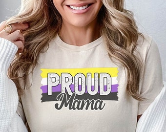 Camiseta "Mamá orgullosa no binaria", camiseta con la bandera no binaria, camiseta del orgullo, camiseta de madre orgullosa, aliado familiar, camiseta del mes del orgullo, camiseta "elle/elles"