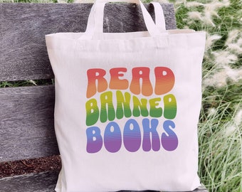 Bolso de mano para biblioteca con temática de libros prohibidos, regalo para amantes de la lectura con temática de libros prohibidos, bolso de lona retro con estilo literario, bolso de biblioteca con diseño de arcoíris.