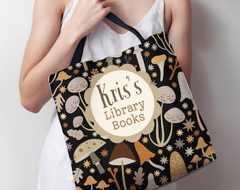 Personalized Mushroom Library Book Tote Bag, Custom Tote Bag, Fall Forestcore Mushroom Lovers Gift, Bookish Tote Bag, Literary Mushroom Bag