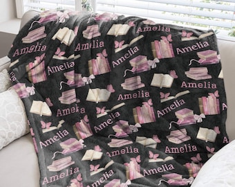 Personalized Reading Blanket Gift for Book Lover, Comfy Custom Blanket for Reading Nook, Cozy Throw Blanket for Couch, Girls Reading Blanket